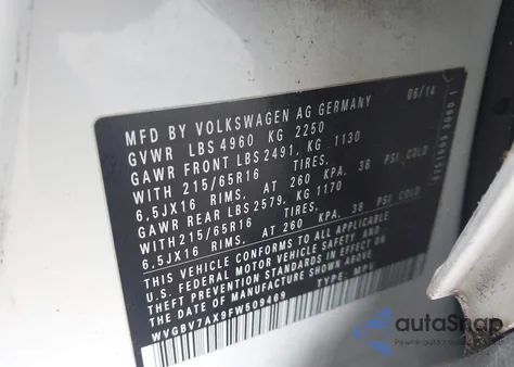 2015 Volkswagen Tiguan S из США, поврежденный, VIN WVGBV7AX9FW509469